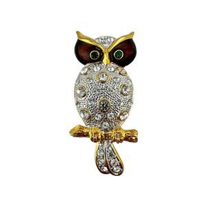 Vintage Rhinestone Owl Two Tone Crystal Accent Enamel Stunning 2.25x1” Brooch
